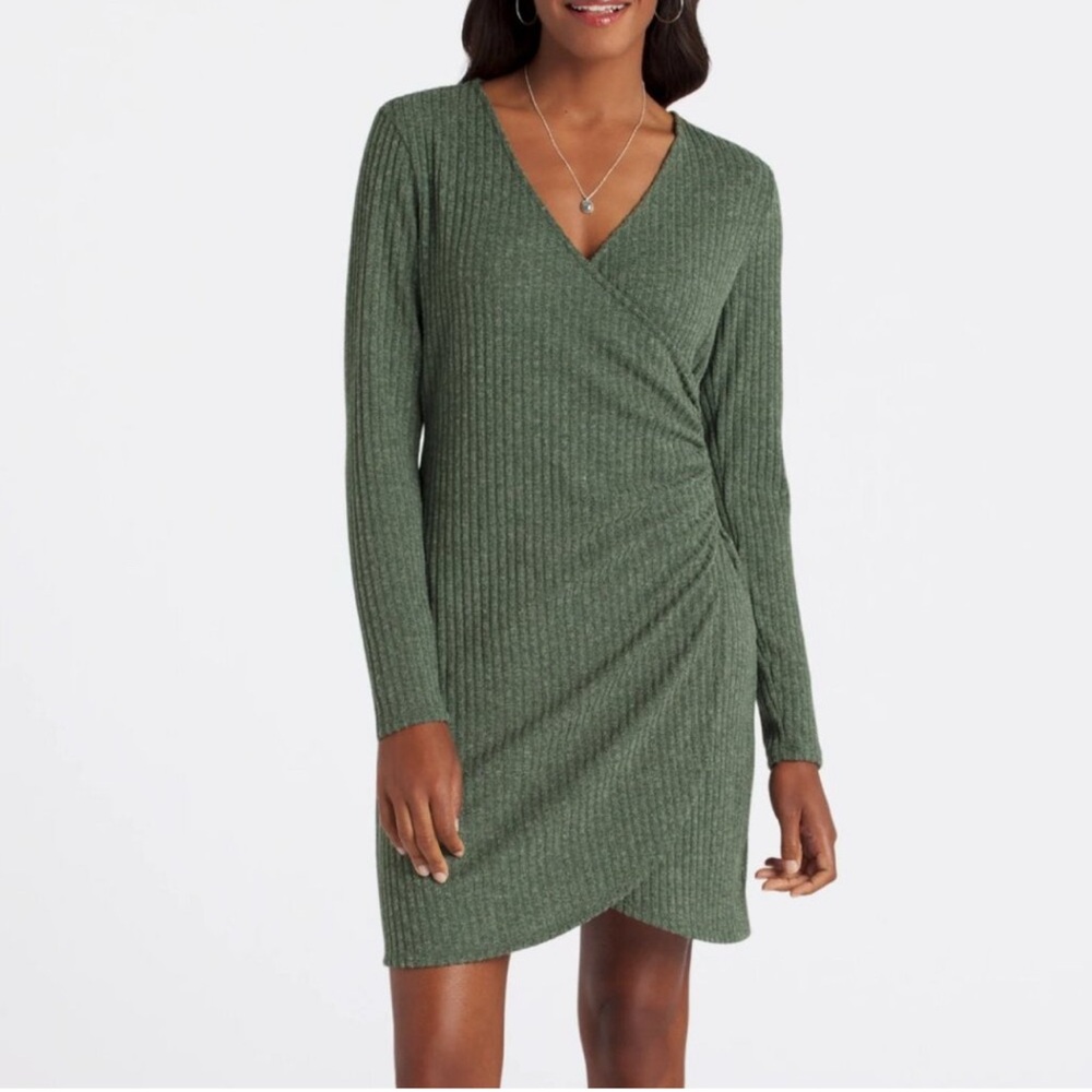 Nine Britton Mariah Olive Ribbed Faux Wrap Dress 1X NWT